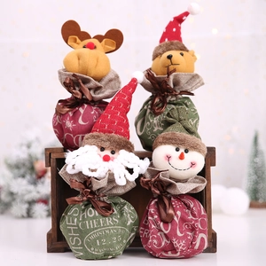 Christmas Burlap Drawstring Gift Bag Plush Santa Snowman Reindeer Pattern Holiday Party Candy Apple Pouch Packaging Decor