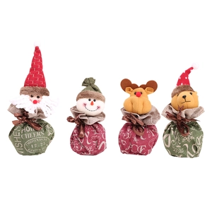 Set of 4 linen Christmas gift bags with 3D Santa Snowman Reindeer and Bear plush dolls