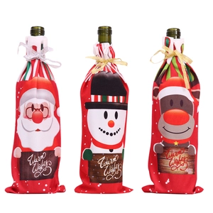 Three-piece Christmas wine bottle covers featuring Santa, Snowman and Reindeer with ribbons