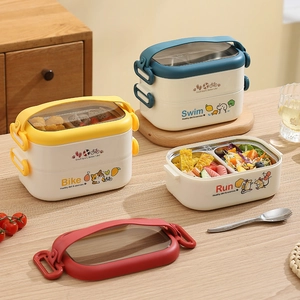 304 Stainless Steel Portable Lunch Box Double Layer Thermal Bento Box With Handle Cartoon Pattern For School Office Picnic