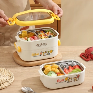 Double-layer 304 stainless steel lunch box with yellow lid and cute cartoon sports patterns