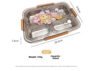 Detail van de 950ml bento-box met 4 compartimenten inclusief gewichts- en capaciteitsinfo