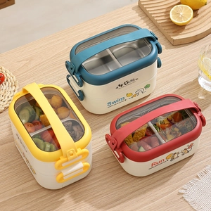 Double-layer 304 stainless steel lunch box with portable handles and cartoon graphics