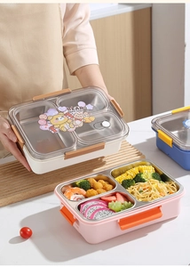 Detailopname van 304 roestvrijstalen bento box met 3 vakken en een goed afsluitbaar deksel