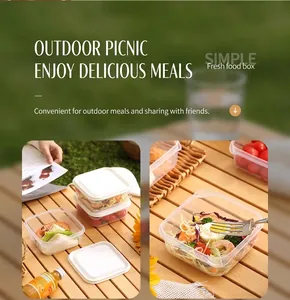 Stackable plastic food storage containers used for picnic salads, shrimp, and sandwiches