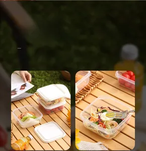 Stackable plastic food storage containers used for picnic salads, shrimp, and sandwiches