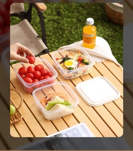 Outdoor picnic scene showing transparent food storage containers with white airtight lids