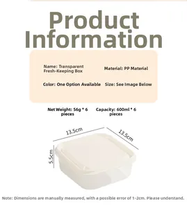 Detailed specs for 600ml PP food storage box set with 13.5x13.5x5.5cm dimensions
