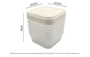 Stackable plastic food storage bins with lids showing dimensions and compact storage