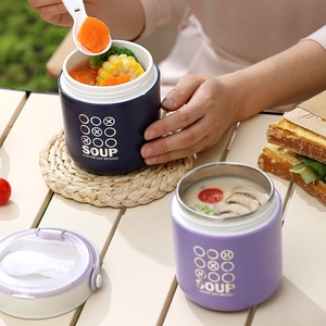Insulated 304 stainless steel soup cups with lids and folding spoons in various colors