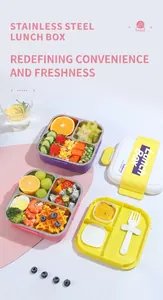 Square stainless steel divided lunch box with colorful lids and reusable fork detail