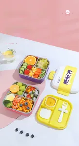 Square stainless steel divided lunch box with colorful lids and reusable fork detail