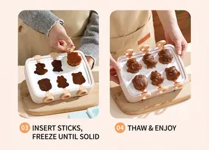 Detail of 6-cavity animal-shaped silicone ice cream mold showing DIY freezing steps