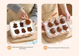 Detail of 6-cavity animal-shaped silicone ice cream mold showing DIY freezing steps