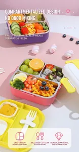 Macro detail of 4-compartment stainless steel bento box with built-in cutlery storage