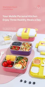 Three-compartment stainless steel lunch box showing food storage and leakproof design