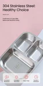 Close-up of 3-compartment 304 stainless steel lunch box tray with round corners
