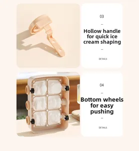 Detail of 6-grid silicone ice cream mold with hollow handles and rolling wheel base
