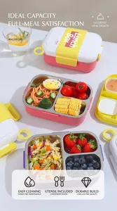 Three-grid stainless steel lunch box with pink exterior and leak-proof yellow locks