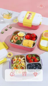 Three-grid stainless steel lunch box with pink exterior and leak-proof yellow locks