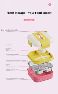 Exploded view showing multi-layer 304 stainless steel bento box with divided inner tray