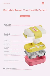Exploded view of a 304 stainless steel lunch box showing multi-layer compartments and seals