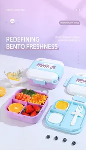 Detail of a 4-compartment purple bento box with a white lid and matching fork set