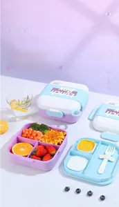 Detail of a 4-compartment purple bento box with a white lid and matching fork set