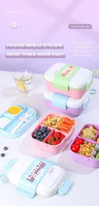 Close-up of compartmentalized bento box with leak-proof lid and built-in utensil storage
