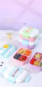 Close-up of compartmentalized bento box with leak-proof lid and built-in utensil storage