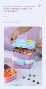 Detail of multi-compartment lunch box showing layered storage and utensil storage lid