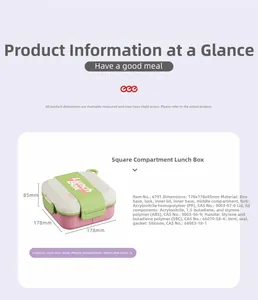 Detailed dimensions of the square 304 stainless steel lunch box with pink and green colors