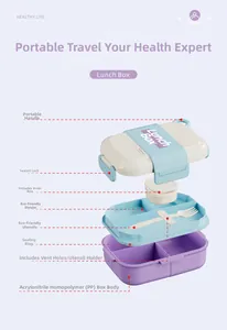 Detailed exploded view of a multi-layer lunch box with compartments and cutlery set