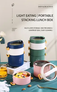 Detail of portable tiered lunch box with orange latches and stainless steel interior