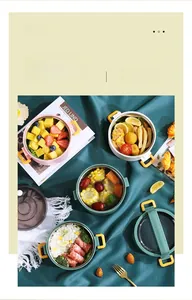 Three-layer portable round lunch box with yellow handles and airtight lids in three colors