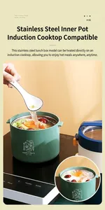 Detail view of mint green stainless steel lunch box liner heating on an induction cooker