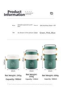 Size chart for stackable 304 stainless steel lunch boxes from 900ml to 1800ml