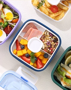 Top view of multi-compartment leak-proof lunch box in various colors for meal prep