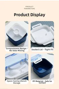 Detail view of the multi-compartment lunch box with secure lid and cutlery storage