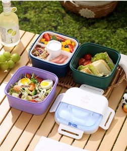 Double-layer bento box set with compartments and cutlery storage in various colors