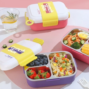 Divided Lunch Box 304 Stainless Steel And Plastic Leakproof Bento Container With Fork Portable For Kids Students Office