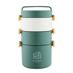Portable 4-layer stackable lunch box with side buckles and handle in dark green and beige