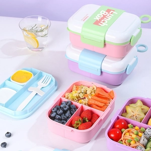 3-compartment portable lunch box with utensils in macaron colors for students and adults
