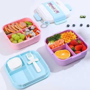 Divided 304 stainless steel lunch box set with cartoon design and cutlery in pink and blue