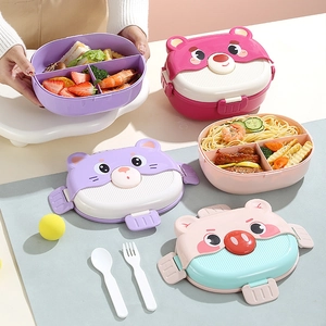 Cartoon Tier Kinder Geteilte Brotdose Mit Besteck Mikrowellengeeignet PP Kunststoff Bento Box Für Schule Reise Picknick