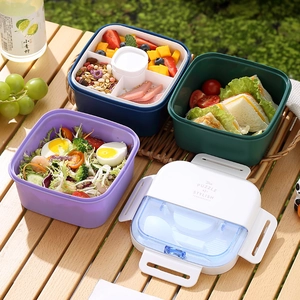 Three-color portable layered lunch box set with compartments and built-in utensils