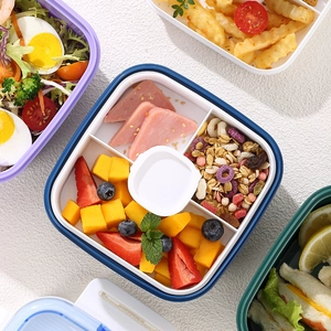 Blue bento box with 4 compartments, internal sauce cup, and secure leak-proof lid