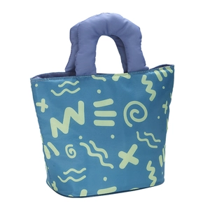 Geïsoleerde lunchtas voor dames met blauwe geometrische patronen en paarse handgrepen