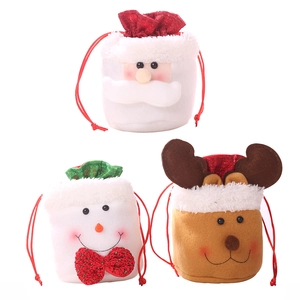 Christmas burlap drawstring gift bags with Santa, Snowman, and Reindeer plush designs