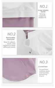 Detail view of purple yoga top featuring widened elastic band and removable chest pads
